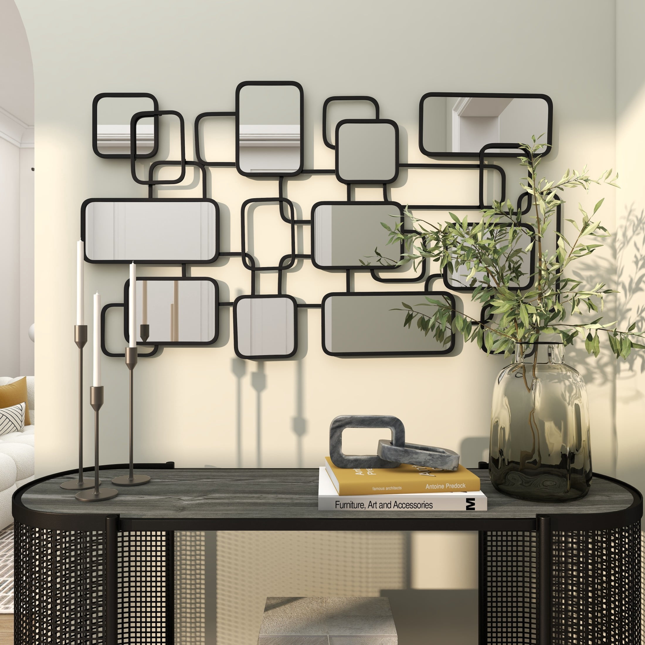 CosmoLiving by Cosmopolitan Black Metal Geometric Overlapping Rectangle Room Wall Mirror with Wire Rod Outlines, 45" x 1" x 26"