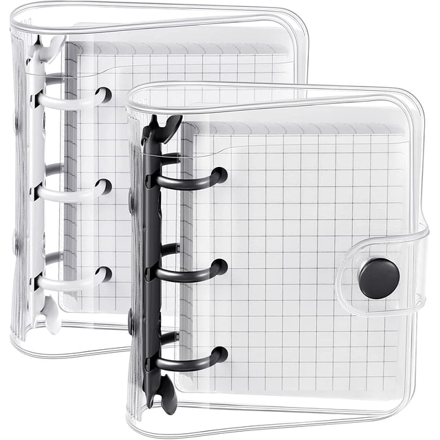 2 Sets Mini Transparent Ring Binder Covers with 3 Rings and Inner Paper Folder Pocket (White,Black)