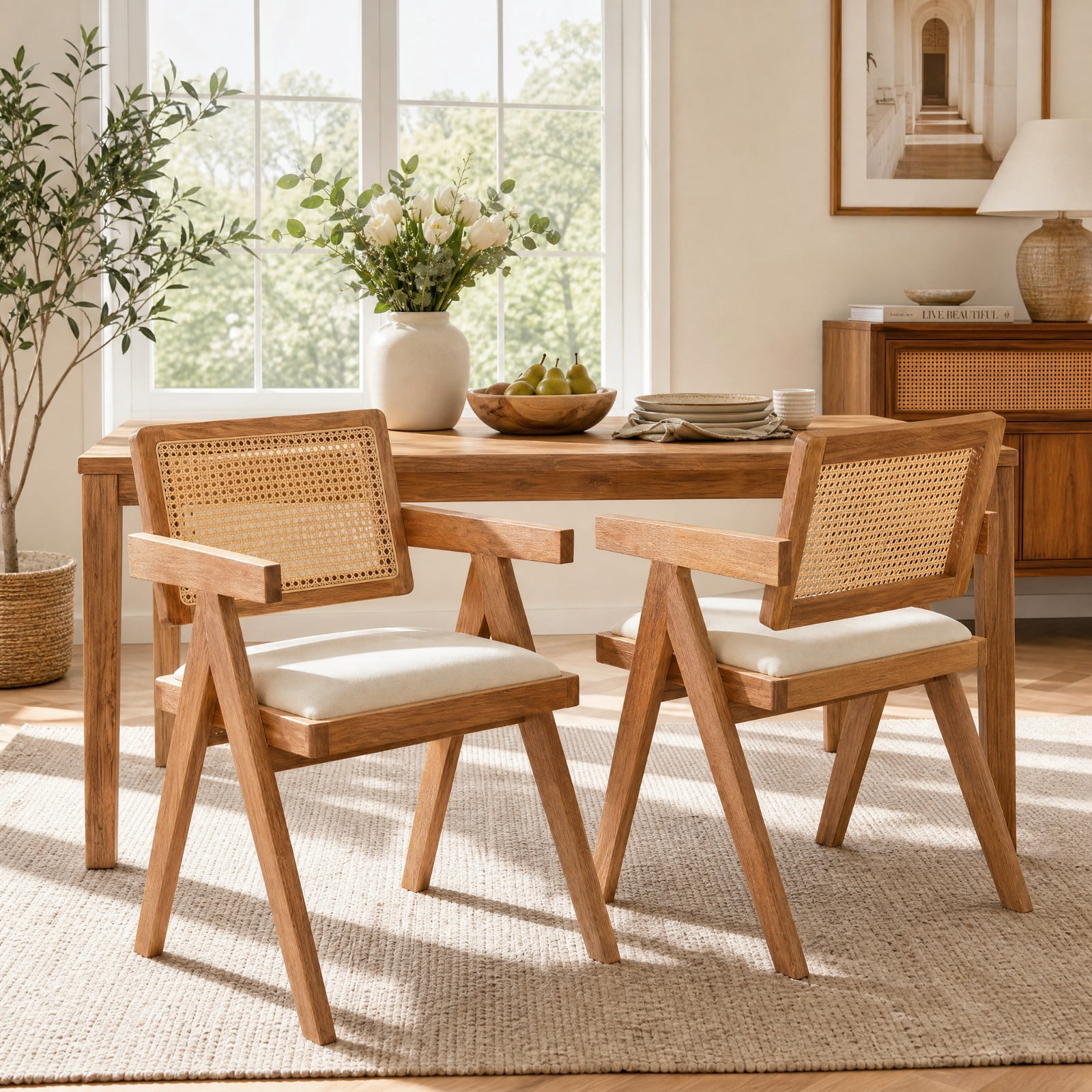 Furnibear Set of 2 Rattan Accent Chairs with Padded Cushion and Rubber Wood Frame for Dining Room Kitchen and Living Room, Beige