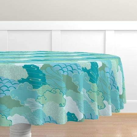 

Cotton Sateen Tablecloth 70 Round - Mindful Clouds Peace Sky Abstract Blue Green Asian Art Inspired Print Custom Table Linens by Spoonflower