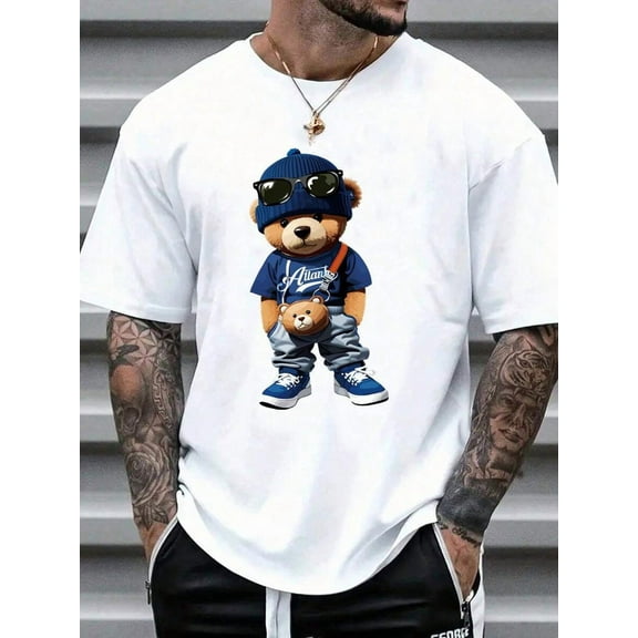 Loose Fit Men White Knitted Round Neck Short Sleeve Funny Graphic T-Shirt, For Going Out, For Friends