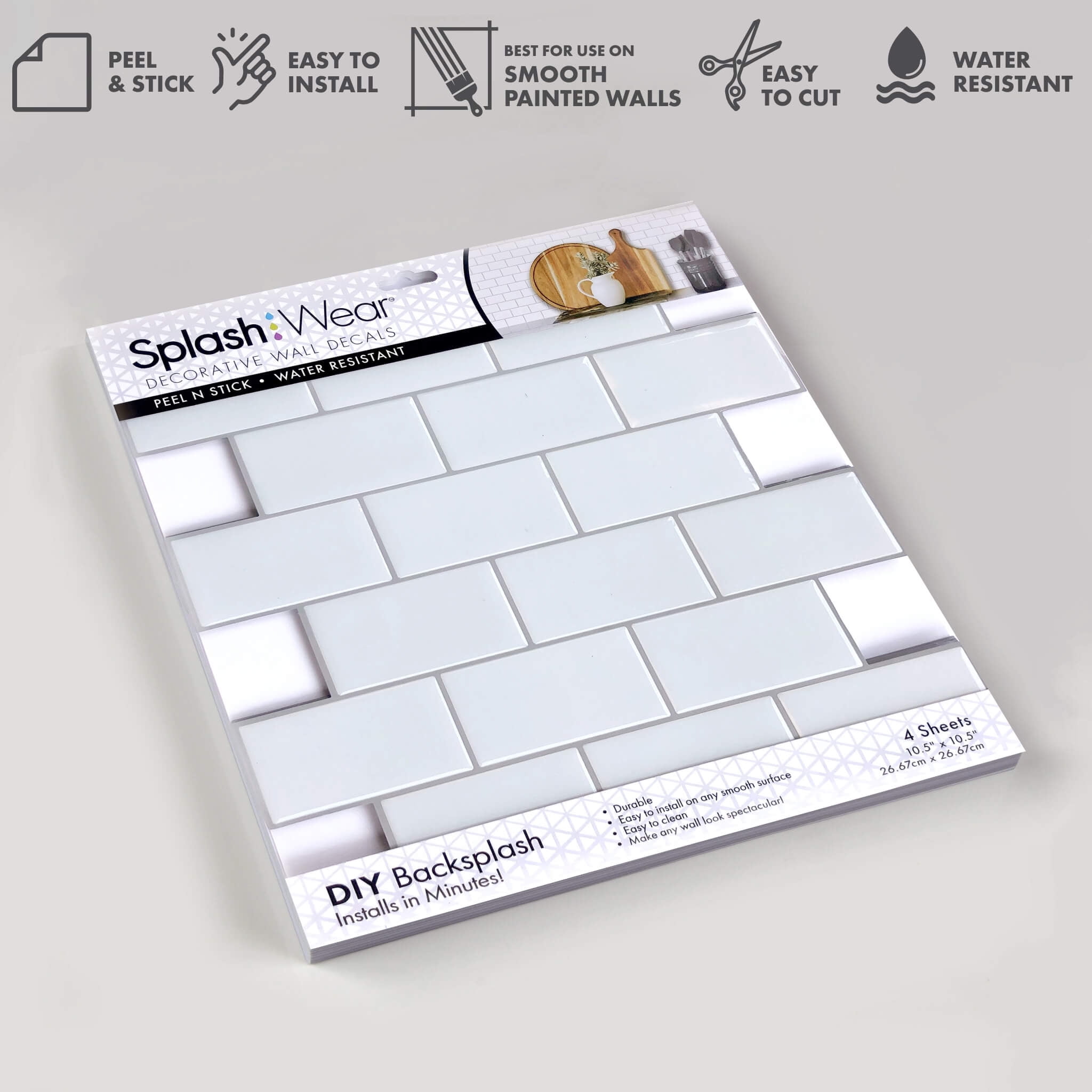 Main Street Peel and Stick Vinyl Subway Tile Backsplash White 10.5 x 10.5 in 4 Pack Removable Wall Tiles for Kitchen Bathroom and DIY Projects