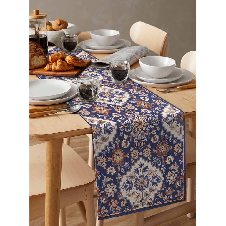 Blue & Yellow Tropical Table Runner - Extra Long 13x120 Inch Cotton Linen Decor For Dining & Weddings