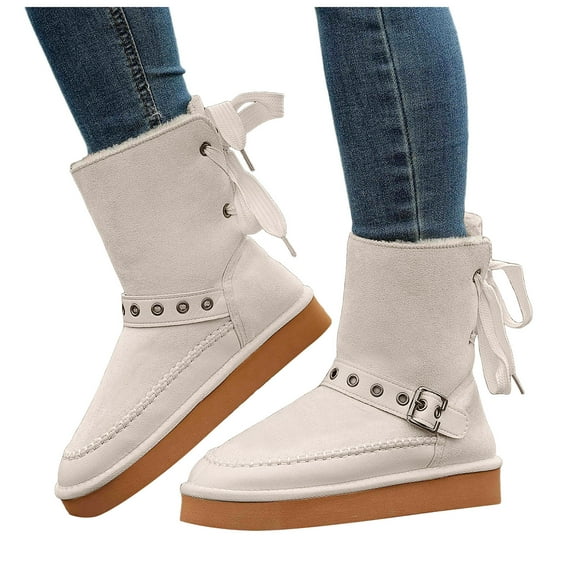 Rokment Platform Mid Calf Snow Boots for Women with Back Strappy Adjustable Fashion Fleece Lined Winter Warm Footbed Dress Short Booties in Cold Weather A Size 6