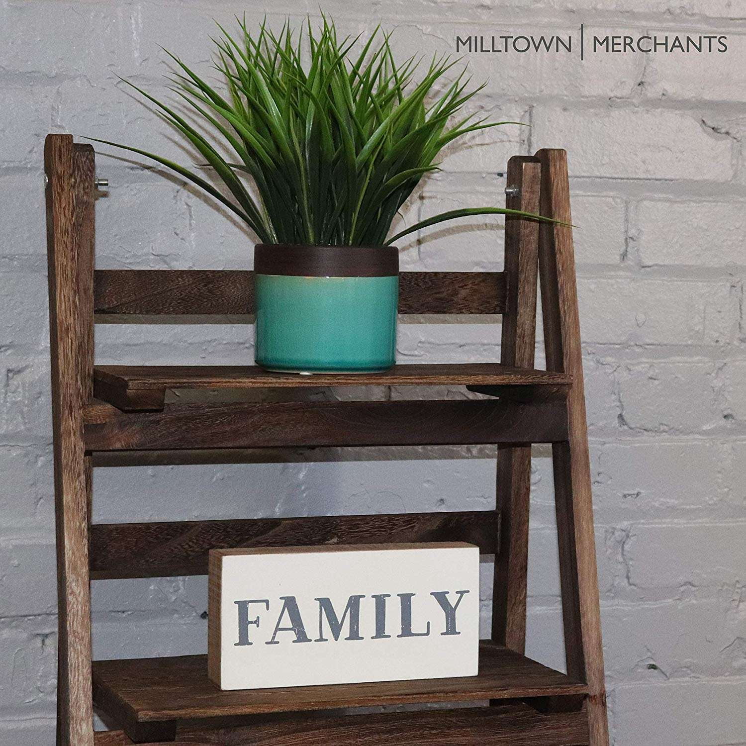 Milltown Merchants Distressed Ladder Shelf - Rustic Leaning Bookshelf - Brown