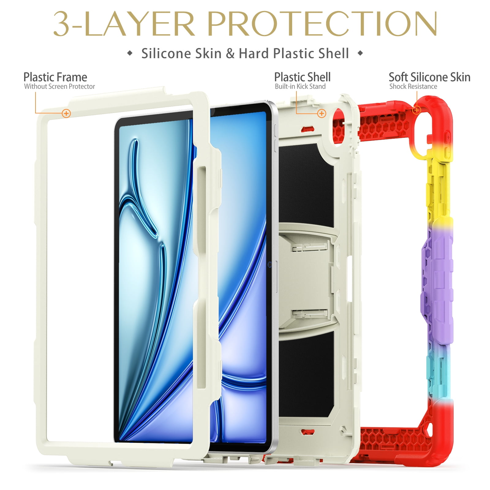 Rugged Case For Apple iPad Air 13 (2024) – 3-Layer Protection Shockproof Stand Cover with Screen Protector, Adjustable Stand, Shoulder Strap, & Pencil Holder -- Colorful Red