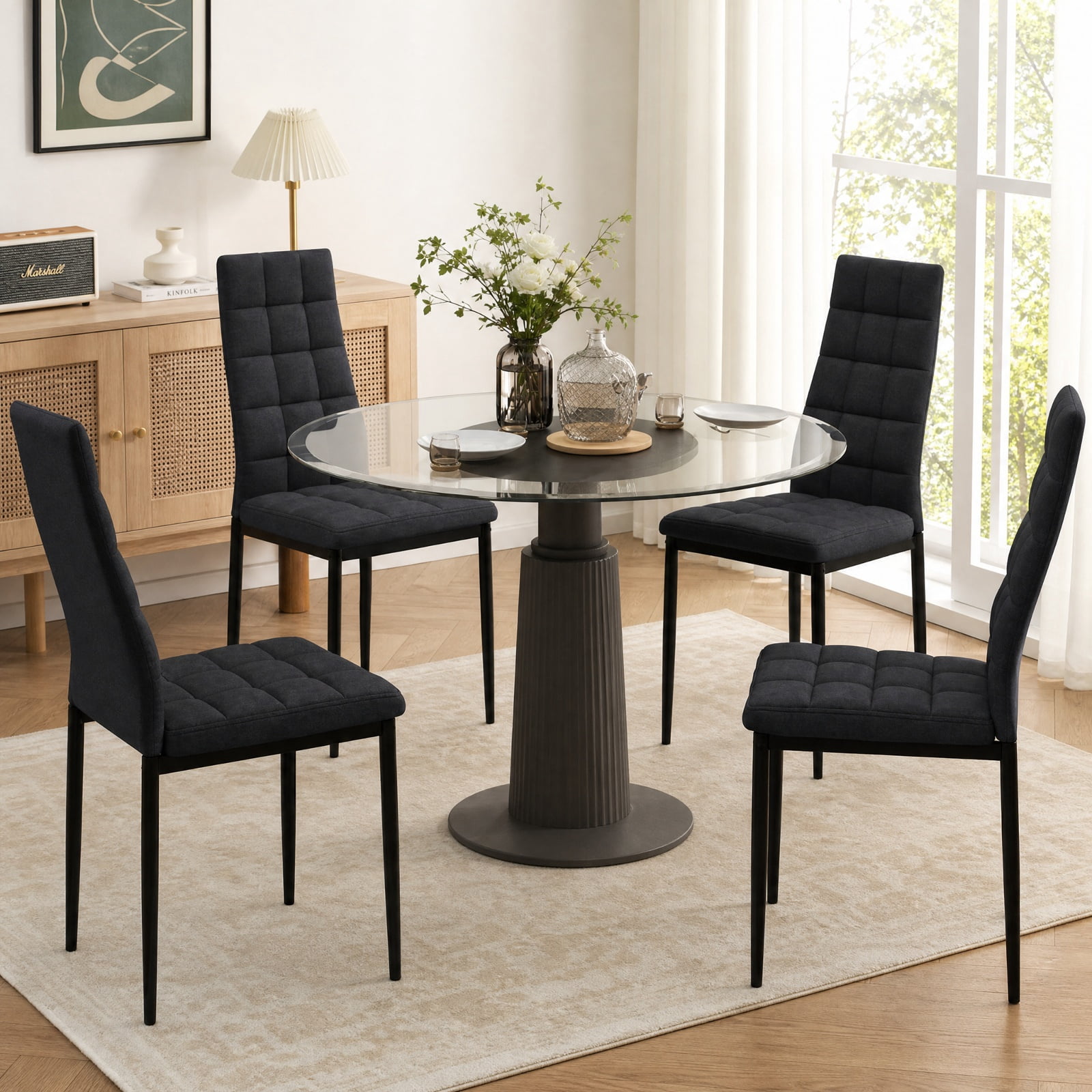 Furnibear Upholstered Dining Chairs Set of 4 with Padded Fabric Cushion and High Back for Kitchen and Dining Room Seating, Black