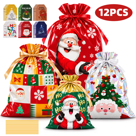 MOJINO Christmas Gift Bags 12 Pack, Self Standing Holiday Gift Bags with 12 Gift Tags and 12 Twist Ties, Assorted Sizes Santa Christmas Treat Bags for Candy, Cookies, Toys, Party Favors