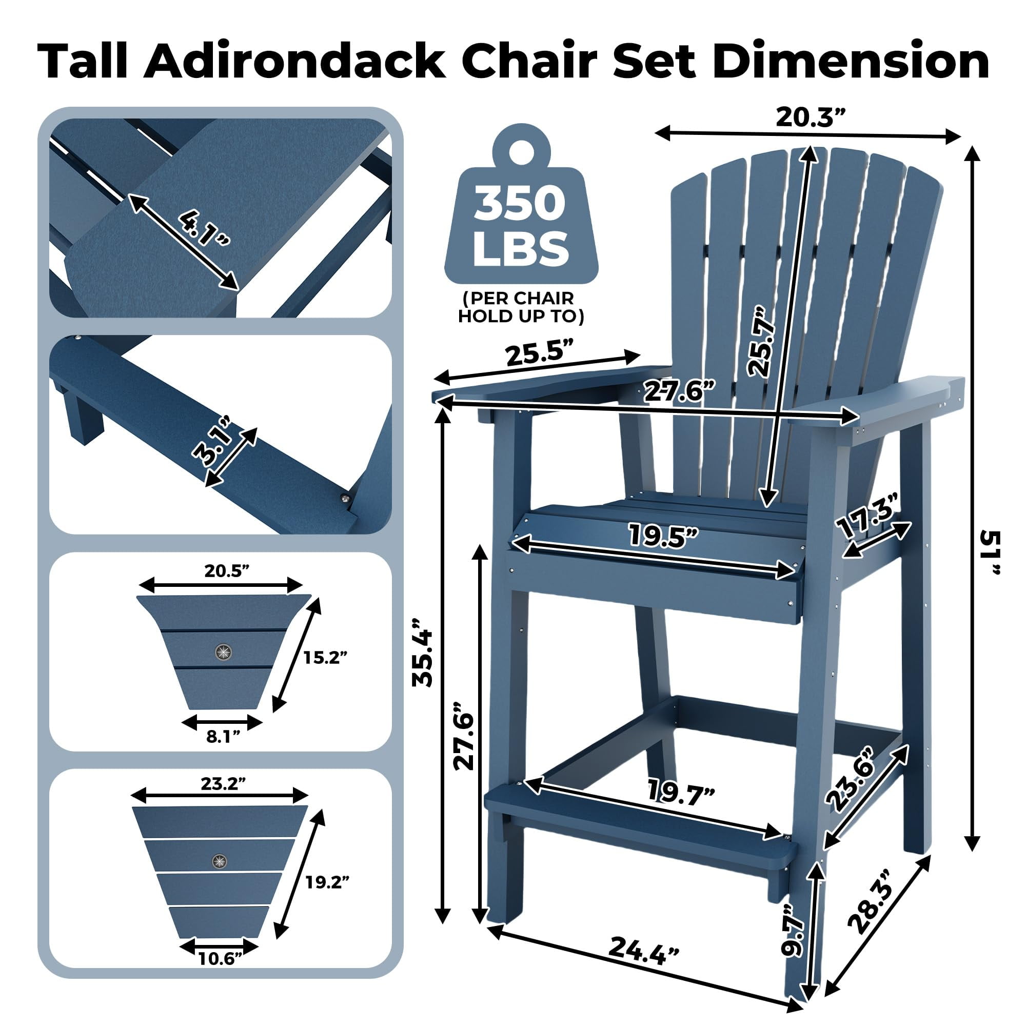 Outdoor Tall Adirondack Chairs Set of 2 HDPE, Paio Adirondack Barstools with Connecting Tray, Recycled Poly Patio High Adirondack Chairs for Deck, Backyard, Balcony