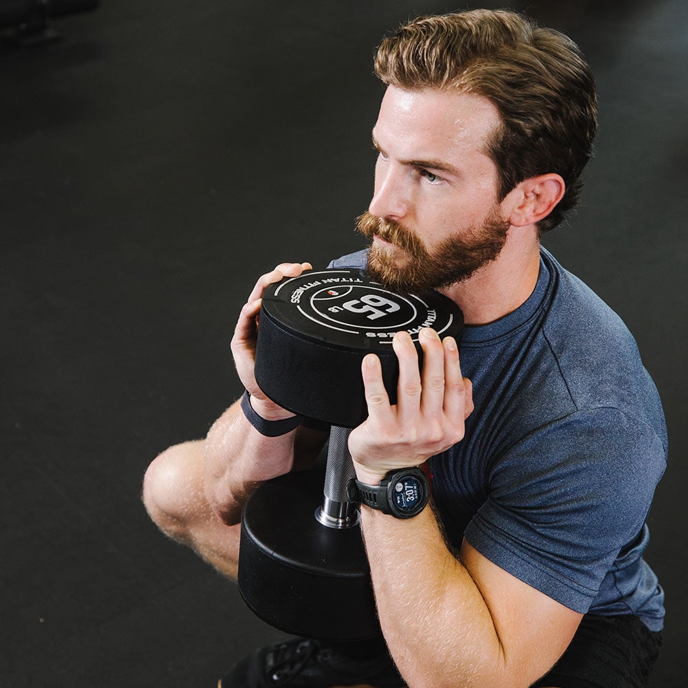 Titan Fitness 35 LB Set Round Urethane Dumbbells, Medium Volcano Knurling, 32mm Grip, Easy-to-Read Weight Indicators, Free Weights for Strength Training