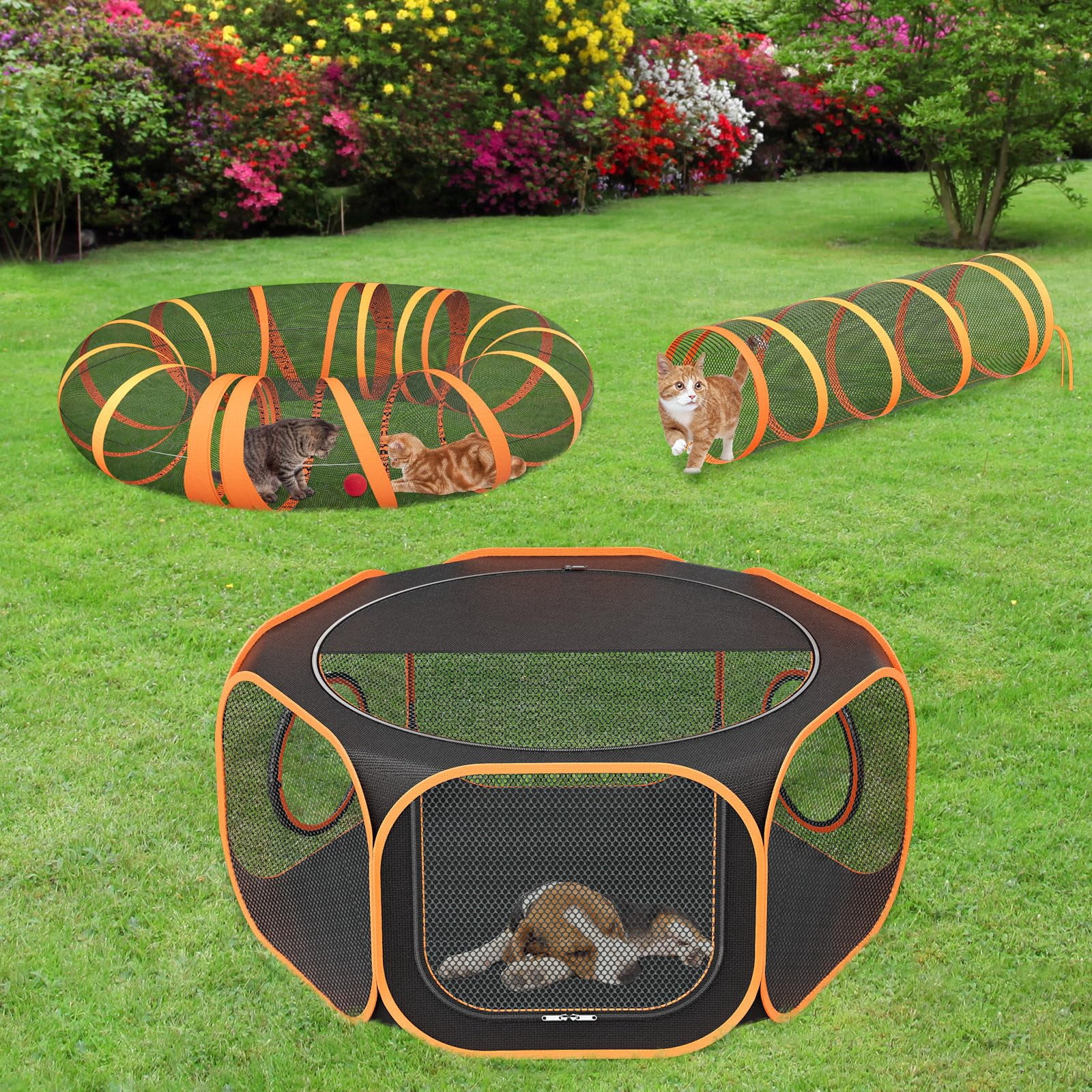 Cat Outdoor Enclosures Tunnel Playpen - Portable Indoor Collapsible Cats Enclosure With Shade Cover 2 Tunnels For Large Small Pets Animal Outside Catio Happy Travel Camping Yard