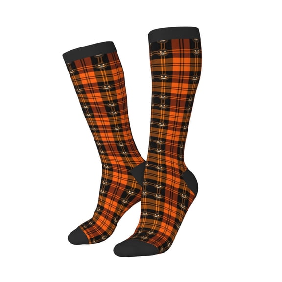 Knee High Socks for Women Men Athletic - Halloween Tartan Plaid Thigh-High Black Sole Comfort Breathable Long Socks for Casual Travel Running