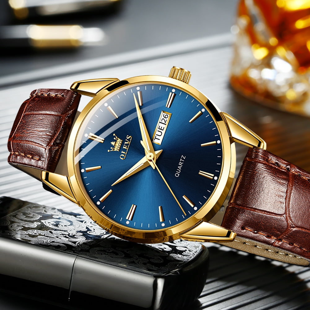 OLEVS Mens Watches,Brown Leather Watch for Men,Gold Case Analog Quartz Fashion Business Dress Watch Day Date Luminous Waterproof Casual Male Wrist Watches Reloj para Hombre