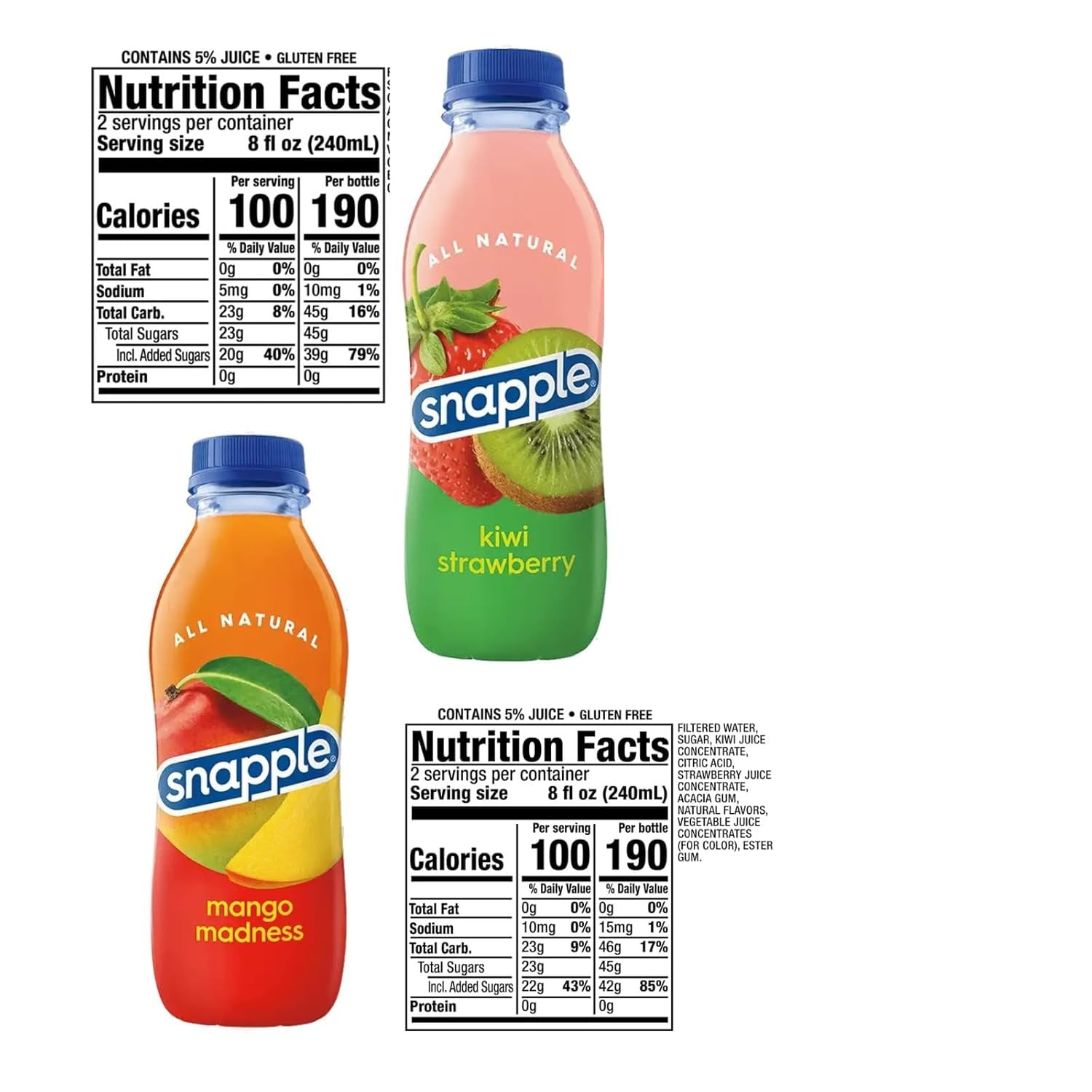 Snapple Kiwi-Strawberry + Mango-Madness All Natural Fruit Juice Drink,Gluten Free 16 fl oz Plastic Bottles, 12-Pack