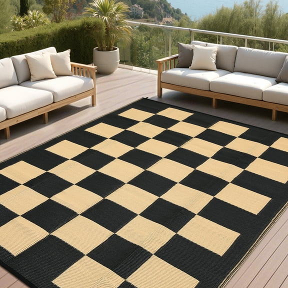 HOMERRY Geometric Plaid Outdoor Rug Straw Plastic Area Rug for Balcony Pool RV Waterproof Reversible Carpet, Brown/Black, 8'x 10'