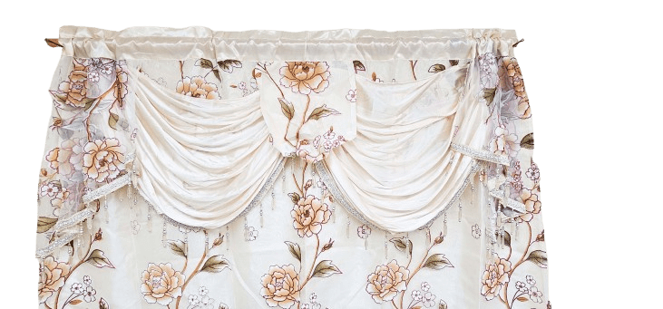 2 Piece Daniela Printed Flowers Luxury Jacquard Attached Valance with Long Crystals Beads and Tassels Window Curtain (54 inches wide x 84 inches long)