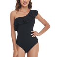 thumbnail image 2 of Ruffled Bathing Suits, Pure Color One Piece Swimsuit One Shoulder Asymmetric  For Women For Vacation Black S, 2 of 6