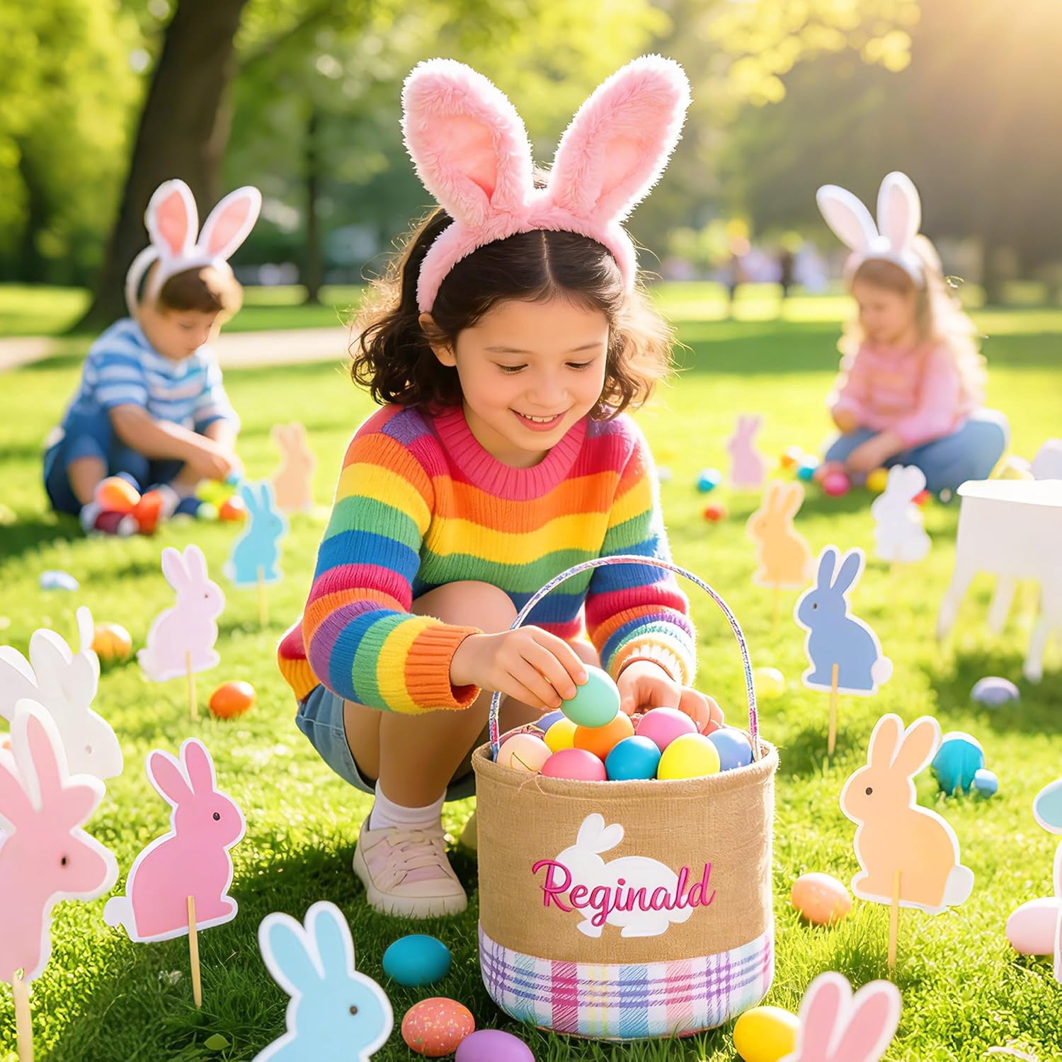 Personalized Easter Basket For Kids, Custom Name Embroidered Bunny Storage Bucket, Rabbit Egg Hunt Tote Bag, Handmade Decor, Baby Shower Birthday Gift