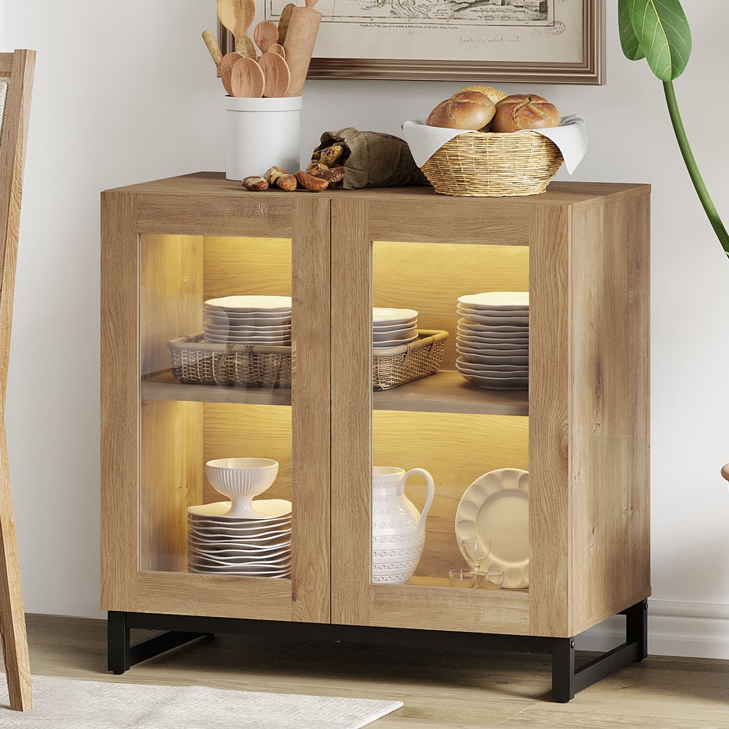 Modern Sideboard Buffet Cabinet with Glass Doors and Adjustable Shelf Coffee Bar Storage Cabinet for Living Room Kitchen,Oak