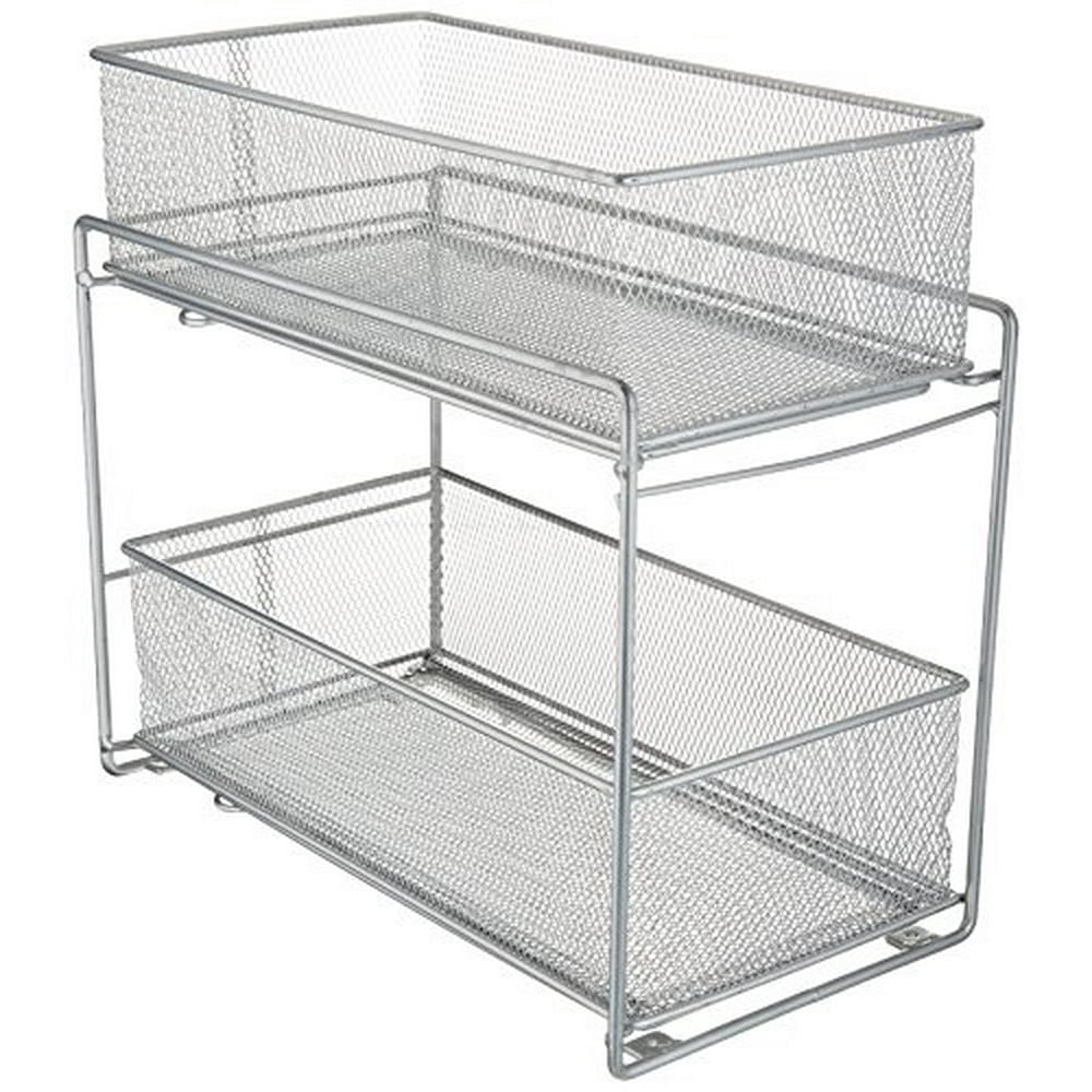 ORG 2-Tier Mesh Steel Mesh Double Sliding Cabinet Basket in Silver (1 Org 2-tier Metal Mesh Cabinet Drawer In Nickel