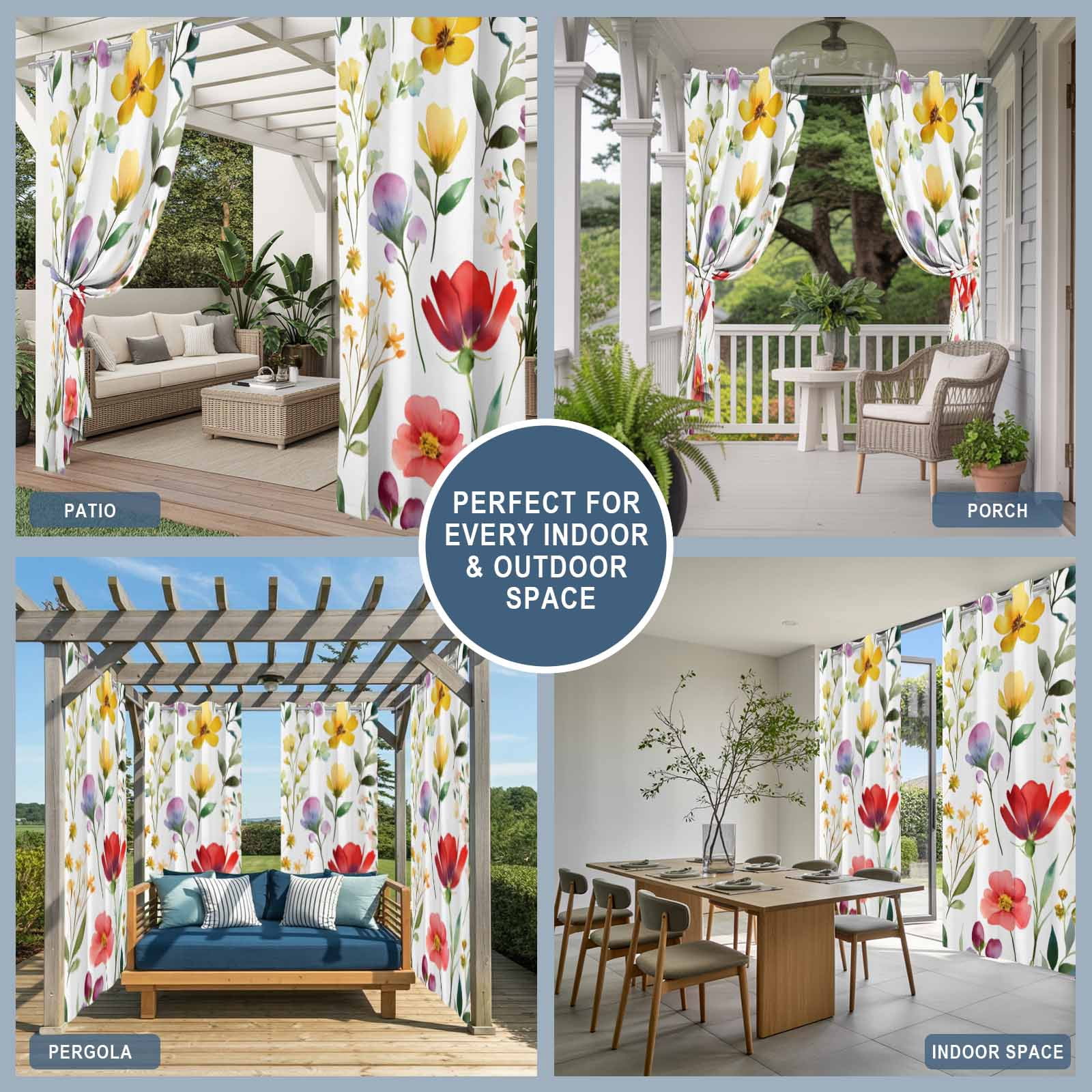 Spring Floral Outdoor Curtains for Patio, Gradient Red Purple Yellow Flowers Romantic Farmhouse Waterproof Outside Curtains Privacy Blackout Curtain for Porch Pergola Cabana, 2 Panel 54W x 108L Inch