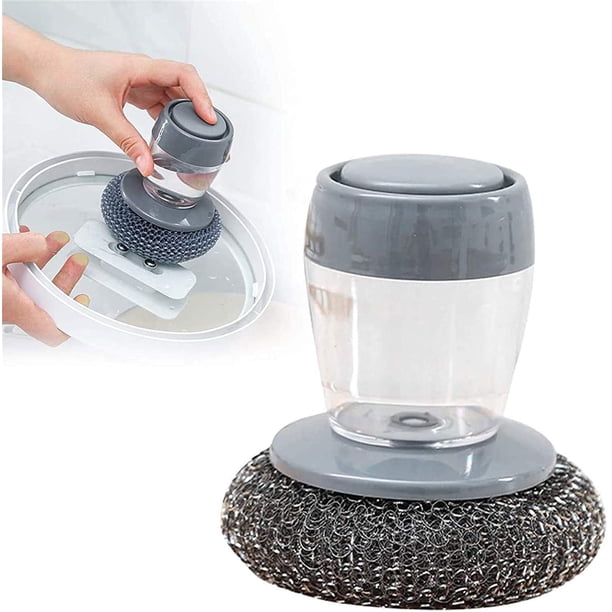 Cepillo de palma dispensador de jabón de cocina, cepillo de limpieza de presión multifuncional, cepillo de palma dispensador de jabón 2 en 1 (cepillo para olla)