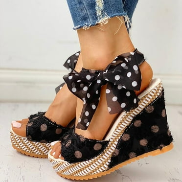 LoyisViDion Womens Women's Ladies Platform Wedges Heel Sandals Fashion Dot Lace-Up Shoes Footwear Black 6(36)