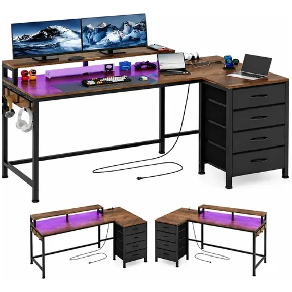 Escritorio Gamer En L Reversible 140cm Led 4 Cajones Marrón Marrón