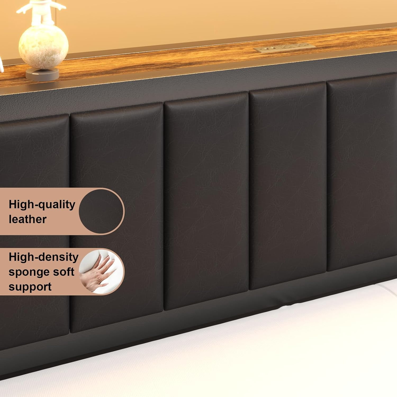 Full Size Bed Frame with Storage Drawer, LED Upholstered Platform Bed with Charging Station, Metal Slats, Black