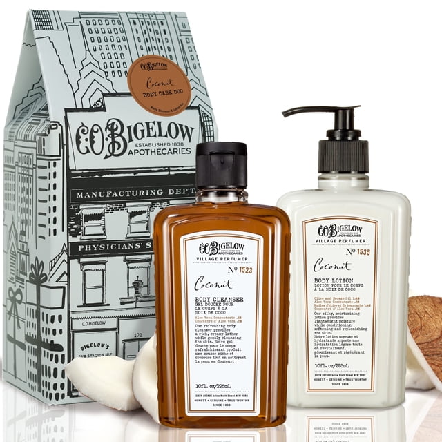 CO. Bigelow Apothecary Duo Caja de regalo para el cuidado del cuerpo de coco con jabón y loción corporal, juego de dos unidades, loción hidratante y gel de baño líquido para piel seca, 10 onzas líquid