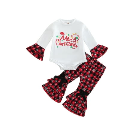 

wybzd Merry Christmas Infant Baby Girl Outfits Bell Sleeve Romper Plaid Flare Pants Xmas Clothes Set White 12-18 Months