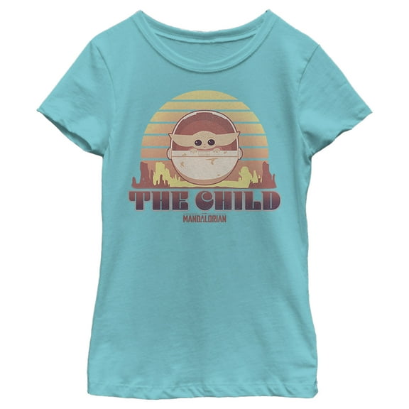 Girl's Star Wars: The Mandalorian The Child Cartoon Retro Sunset  Graphic Tee Tahiti Blue X Large
