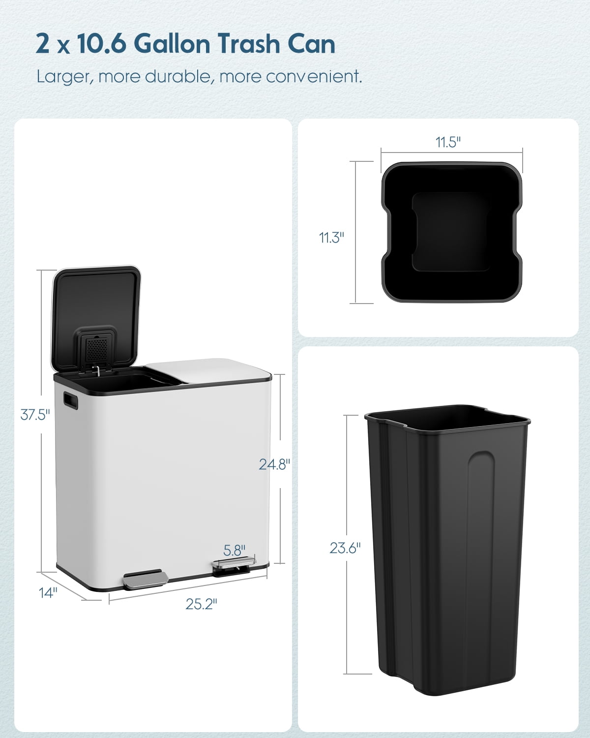 Arlopu 21.2gal Dual Trash Can with Odor-Control Box, Stainless Steel Garbage can, Step-on Recycle Bin with Soft-Close Lid & Removable Inner Buckets