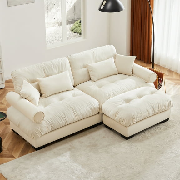 Over Size Modern Two-seater Sofa with Ottoman, Velvet 2-Seater with Round Bolster Armrests,With Waist Pillow and Throw Pillows,Small L Shape Sofa For Living Room, Reading Room , Loft and Bedroom