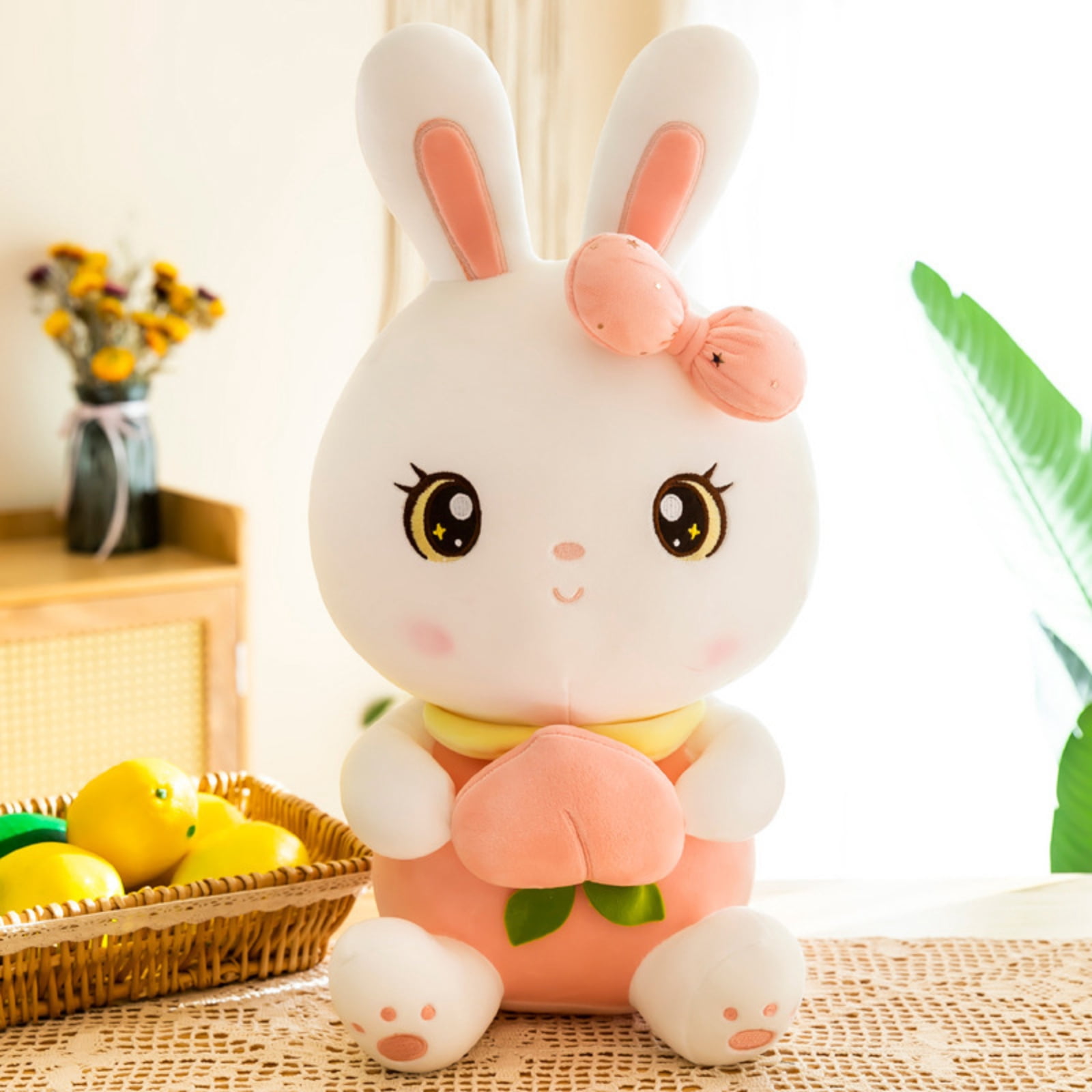 Cute Cartoon Bunny Plush Toy Holding Peach, Soft Rabbit Stuffed Animal Doll for Home Decor and Holiday Gifts, Adorable Animal Character Plushie 19.69-inch