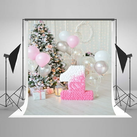 Image of HelloDecor 1st Birthday Backdrops for Girls 5x7ft Pink and White Flowers with Decordtions Trees Background for Children