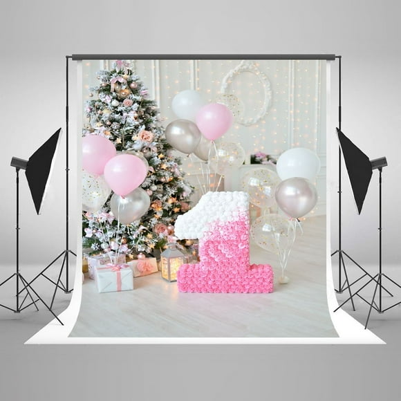 EREHome Polyester Fabric 1st Birthday Backdrops for Girls 5x7ft Pink and White Flowers with Decordtions Trees Background for Children