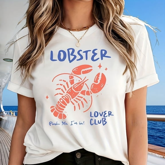 Retro Lobster Lover Club Graphic T-Shirt Funny Summer Beach Vacation Tee Women's Nautical Coastal Fashion Top