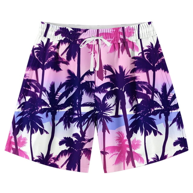 Swim Shorts for Kids , Adjustable Waist with Elastic Band and Drawstring Closure, Polyester-Spandex Blend, Quick-Dry Fabric, Tropical Print Design, Purple Color