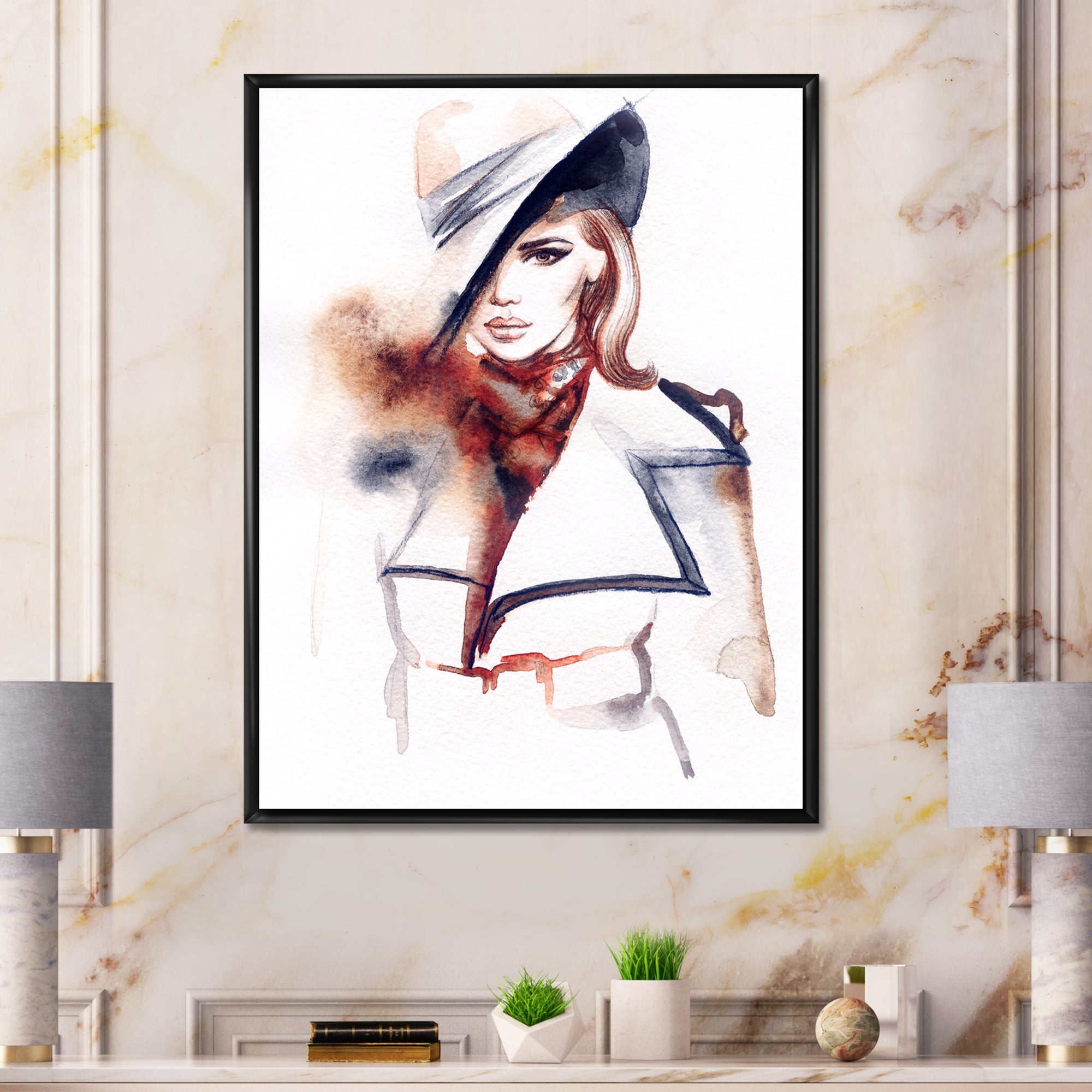 Designart 'Fashion Portrait of Woman Wearing Hat' Modern Framed Canvas Wall Art Print