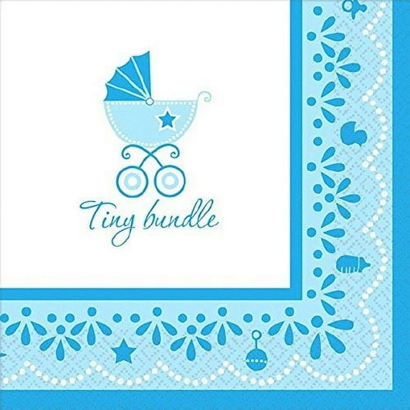 amscan charming celebrate baby boy beverage napkins, 5 x 5, blue/white