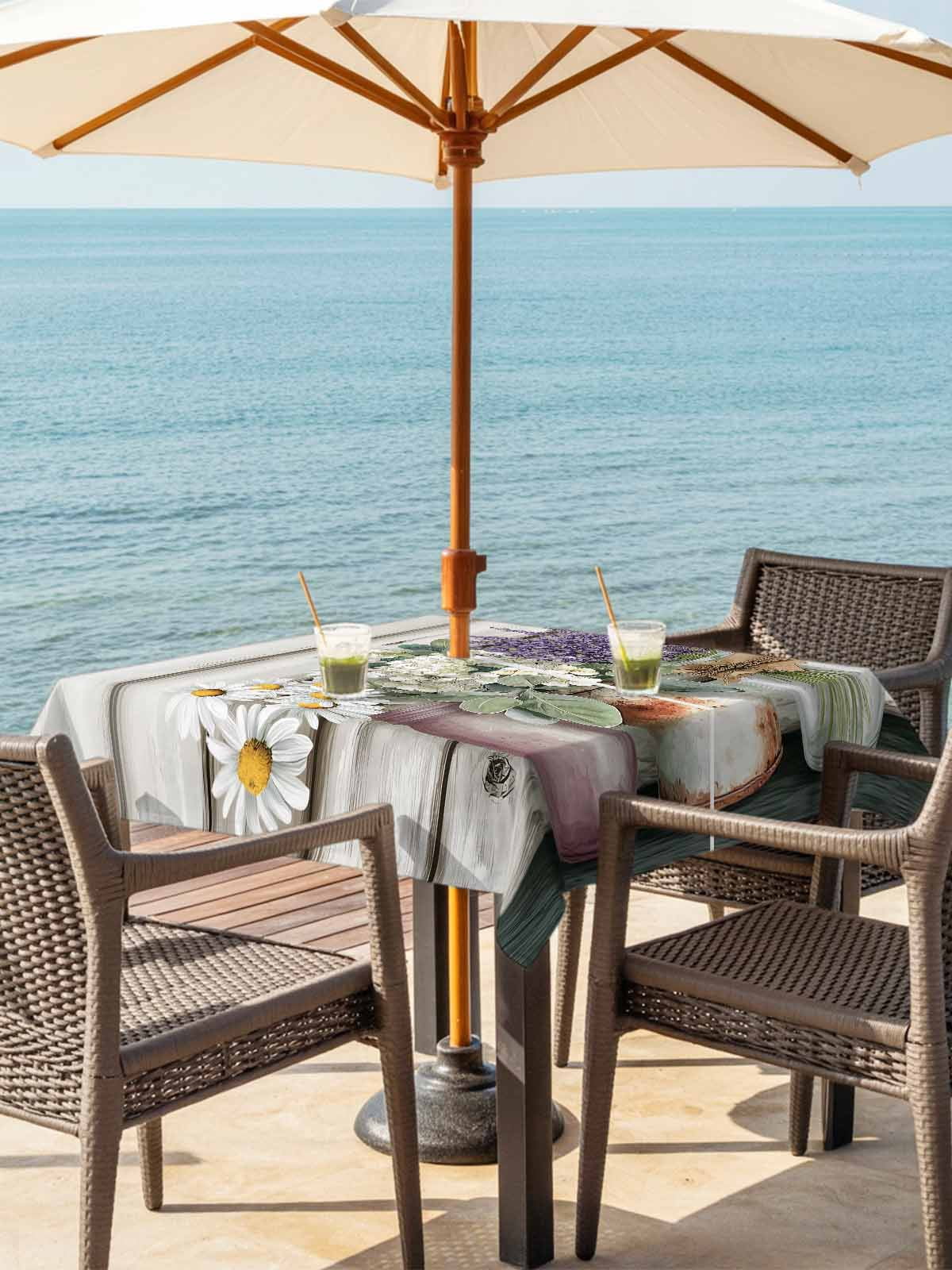 Spring Floral Outdoor Tablecloth - 54x54 Inch Square Dining Table Cover, Pastoral Bottle Daisy Lavender Gray Wooden Waterproof Outdoor Table Cloth with Umbrella Hole & Zipper for Picnic/Patio/Party