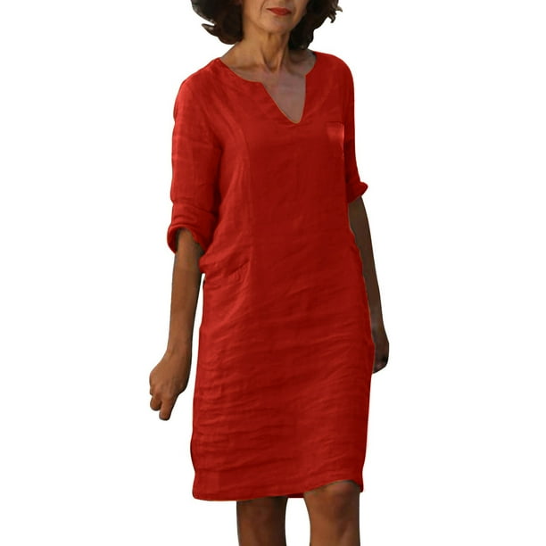 Vestido mini de algodón y lino con cuello en V para mujer - Manga corta, diseño informal/moda, verano/otoño, corte holgado, lavado a mano, disponible en tallas S-XXL