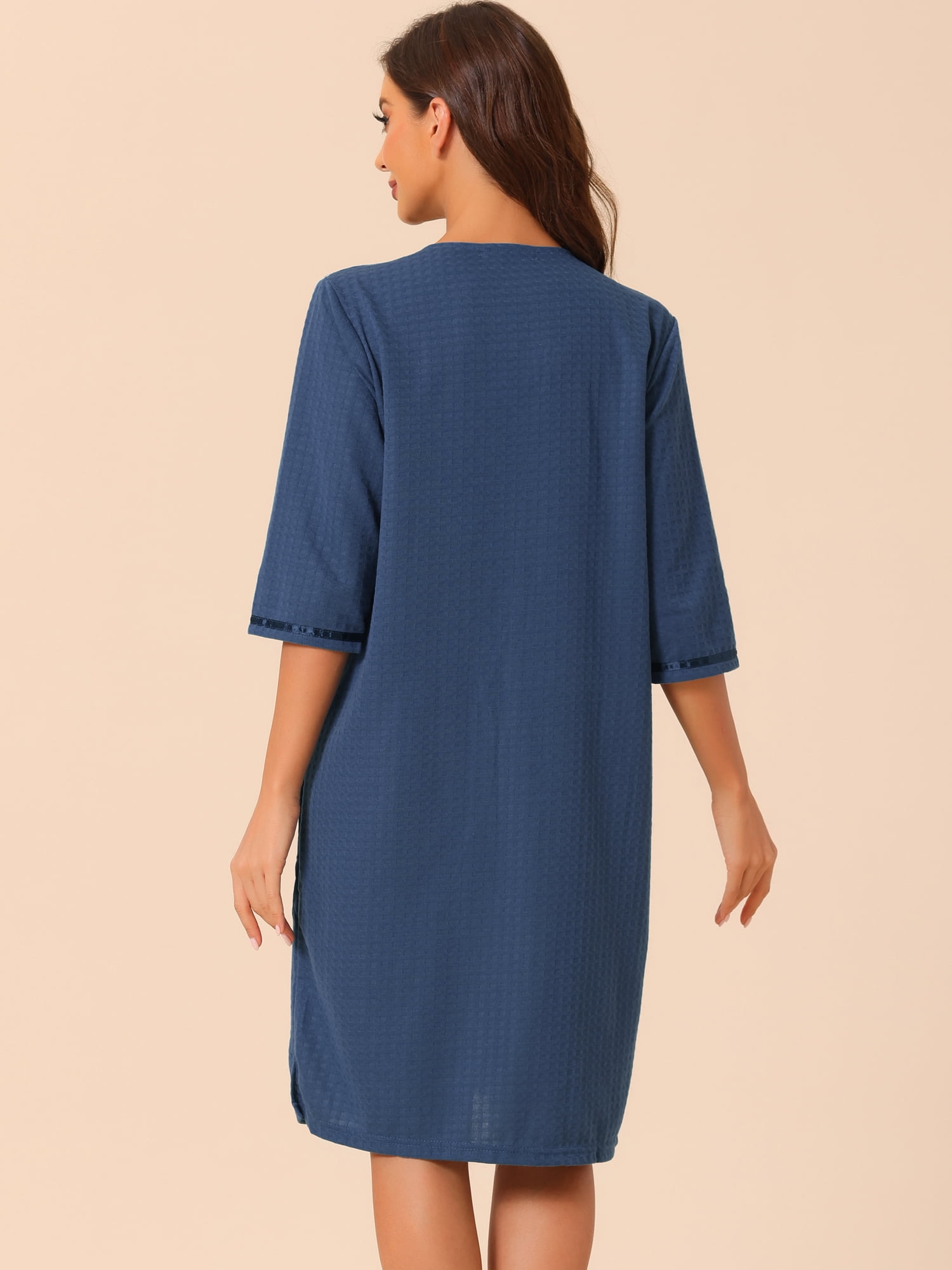DARING DIVA Women's Waffle 3/4 Sleeves Bathrobe Loungewear Zipper Up Robes M Blue