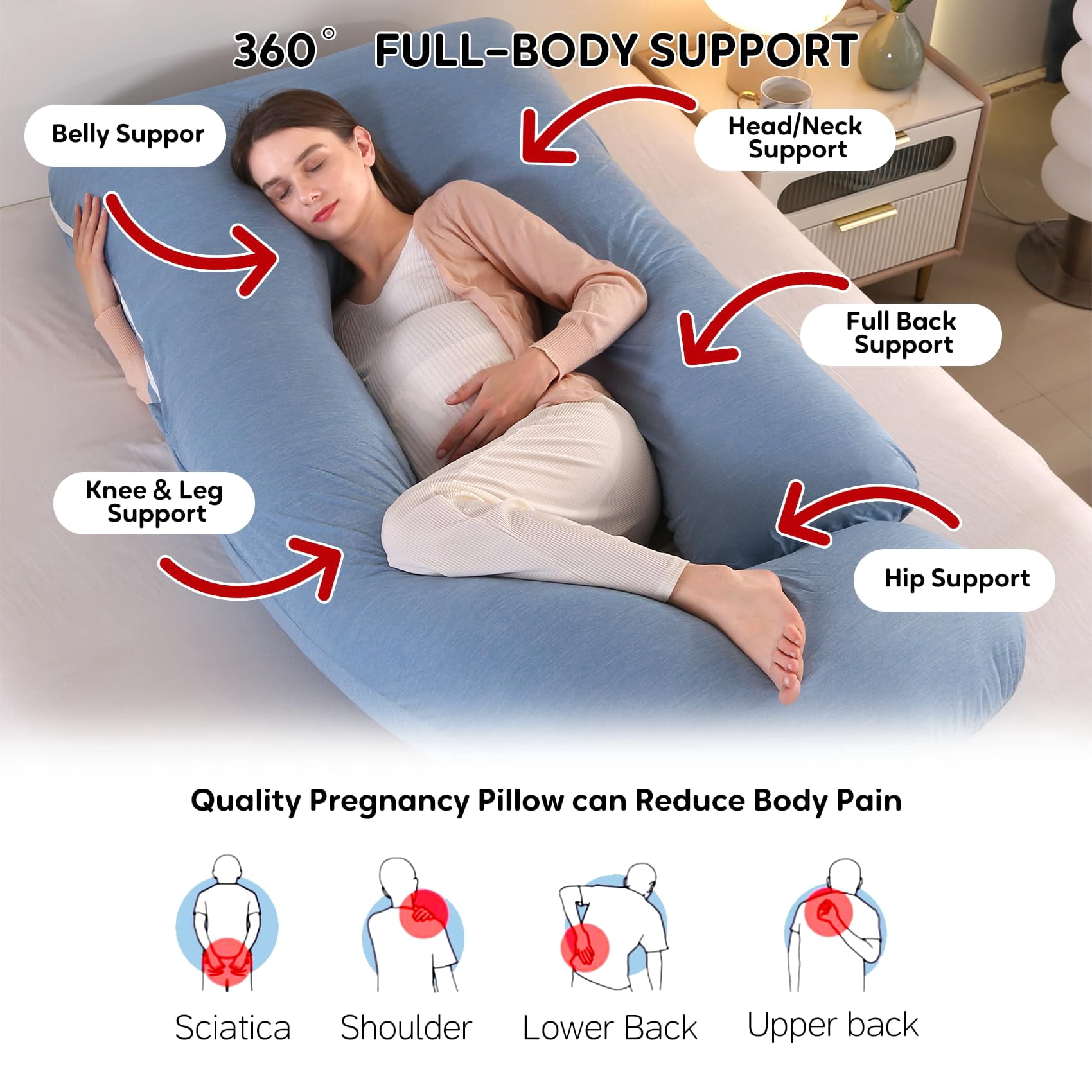 U-shaped Pillow For Sleeping  Full Body Support & Belly - 65 Inch Maternity With Machine Washable Cover |