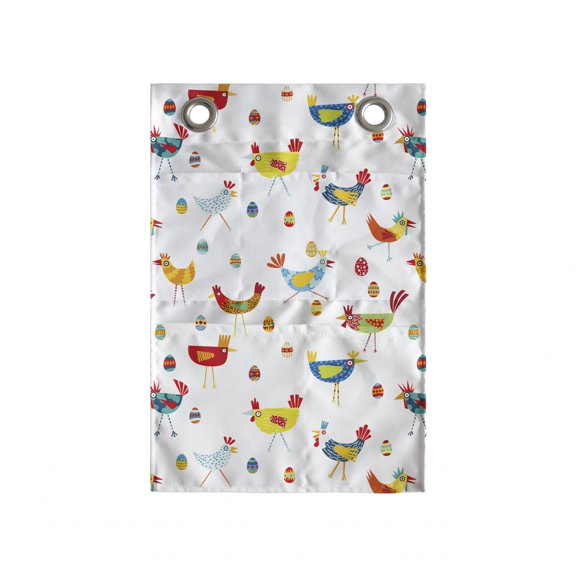 Vibrant Hanging Pocket Organizer, Repetitive Chickens Eggs Colorful Doodle on Plain Background, Printed Polyester Storage Bag with Pockets, 14" x 20", Yellow Green Sky Blue