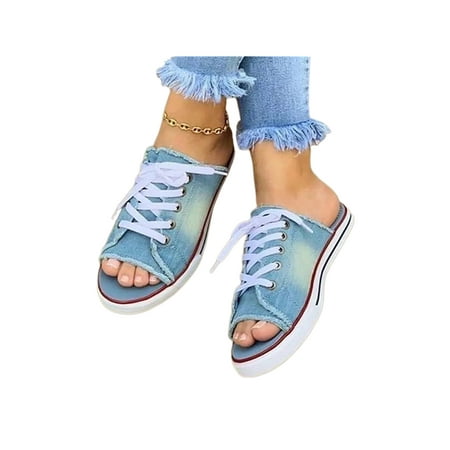 

Crocowalk Womens Slip on Sandals Denim Flat Shoes Summer Peep Toe Sneakers