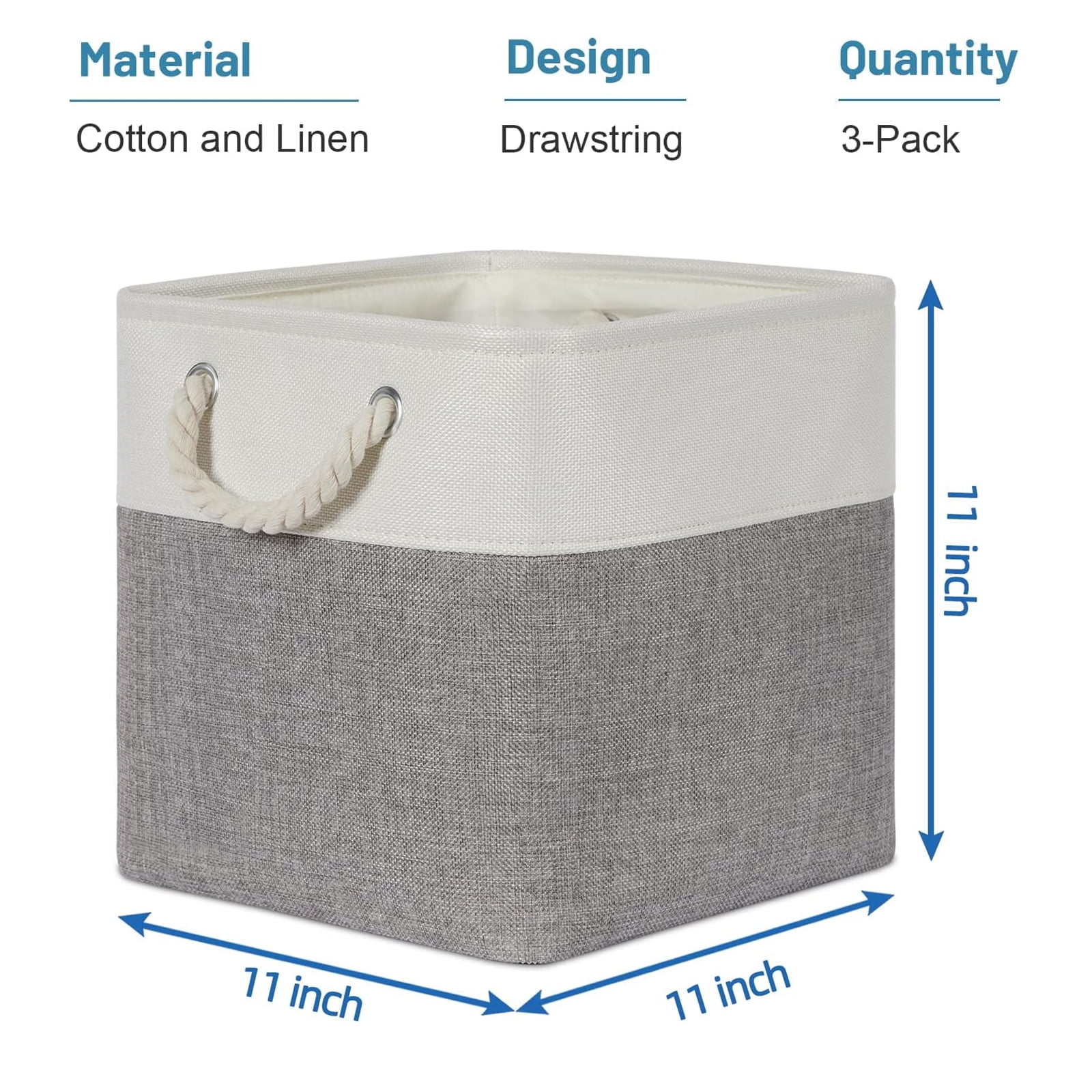 Cube Storage Bins 11x11 Inch, Storage Cube Baskets Fabric Sturdy Basket for Shelves, Storage Boxes with Leather Handle for Shelf Nursery Home Closet Office, 3 Pack