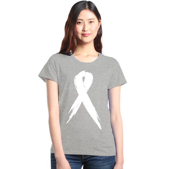 Shop4Ever Women's Pink Breast Cancer Awareness White Ribbon Graphic T-Shirt XXX-Large Sports Grey