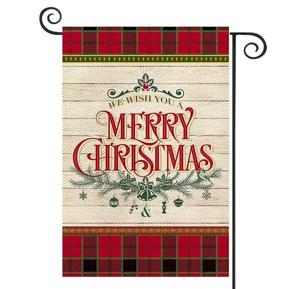 DMERBYL Merry Christmas Garden Flag Buffalo Plaid Small Yard Flag Xmas New Year Wooden Vertical Double Sided Burlap Vintage Farmhouse Winter House Home Lawn Outside Decoration 12 x 18 Inch